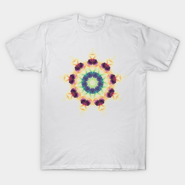 Sea Urchin Kaleidoscope | Harmonograph Blue Red Yellow White T-Shirt by aRtVerse